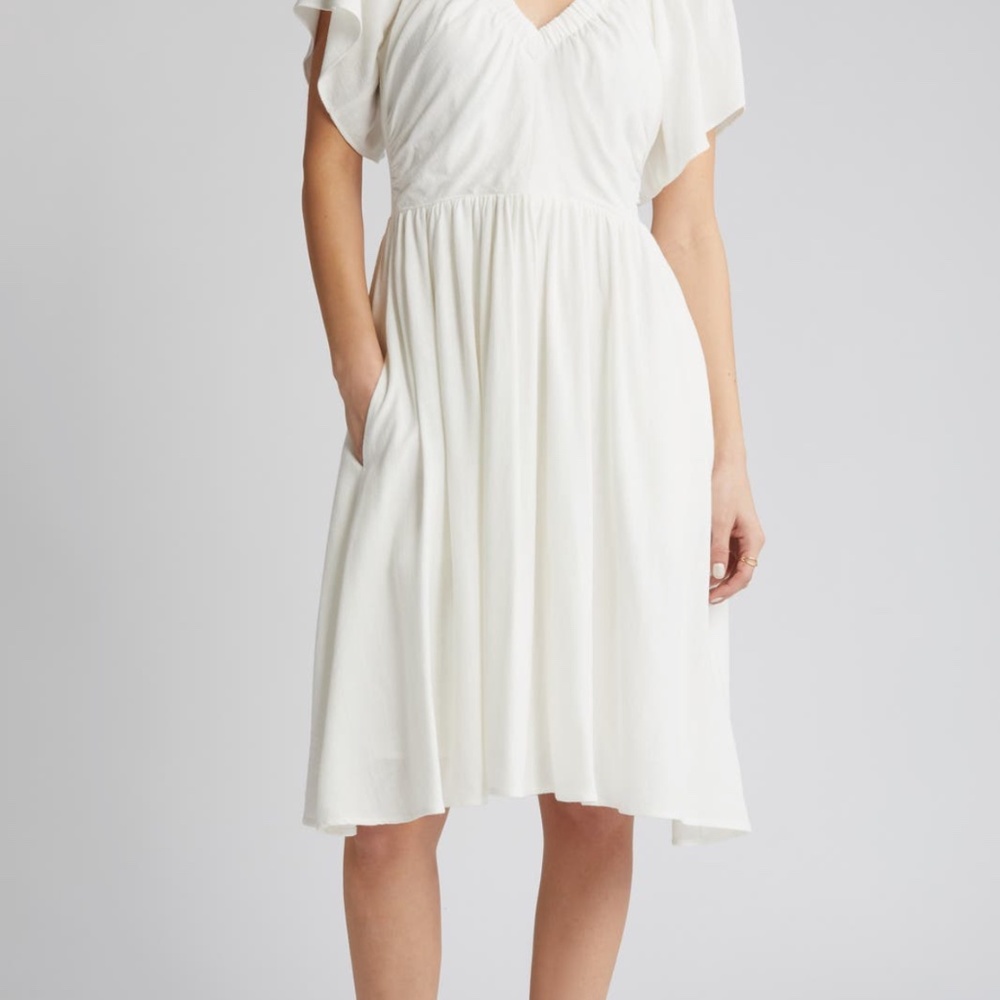 White Linen Blend Dress Flutter Sleeves